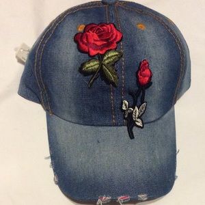 Denim Baseball Cap with Appliqué Roses